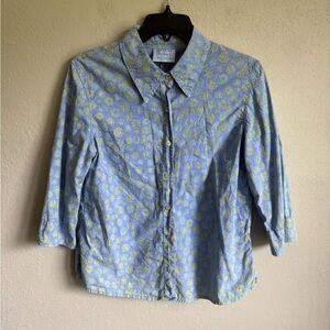 Fresh Produce Blue Green Floral Button Down 1/2 Sleeve Blouse Women M Grannycore